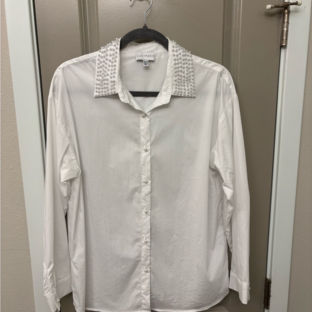 Lucy Paris White Dress Shirt with Embellished Collar